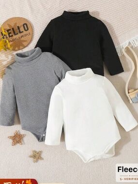 Baby Boys Warm High-Neck Bodysuit (Black, Grey, White)